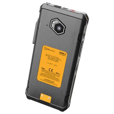 Appareil noir robuste avec une étiquette jaune à l'arrière, montrant une caméra sur le dessus. L'étiquette contient des spécifications techniques.