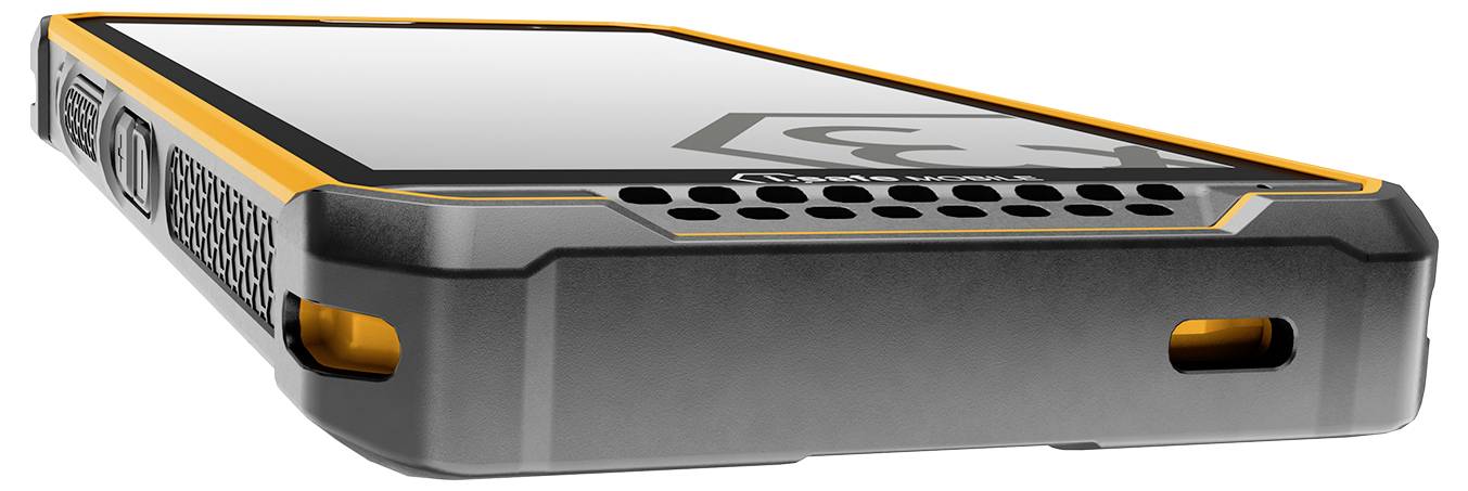 Smartphone robuste à boîtier orange et noir, doté d'un design renforcé pour une utilisation en extérieur.