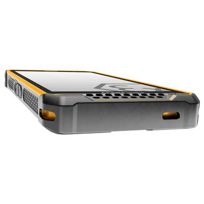 Smartphone robuste à boîtier orange et noir, doté d'un design renforcé pour une utilisation en extérieur.