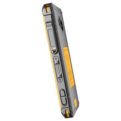 Vue latérale d'un smartphone robuste aux tons orange et gris, doté d'un boîtier résistant offrant une protection contre les chutes et les chocs.
