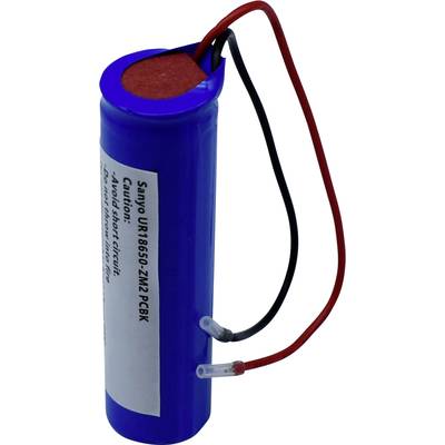 Une batterie cylindrique bleue avec deux fils rouges et noirs attachés, adaptée aux appareils électroniques.
