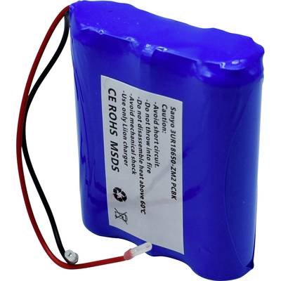 Batterie lithium-ion bleue avec deux fils et étiquette comportant des avertissements de sécurité, les symboles CE et de recyclage.