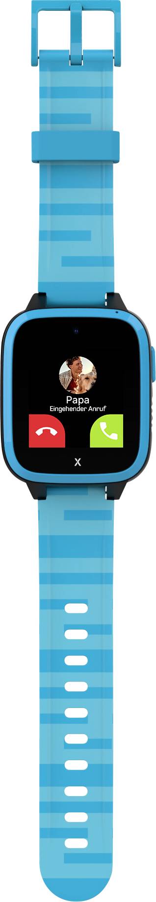 Montre connectée avec bracelet bleu, affichant un appel entrant. Deux boutons : rouge avec un symbole de combiné téléphonique pour raccrocher et vert pour répondre.