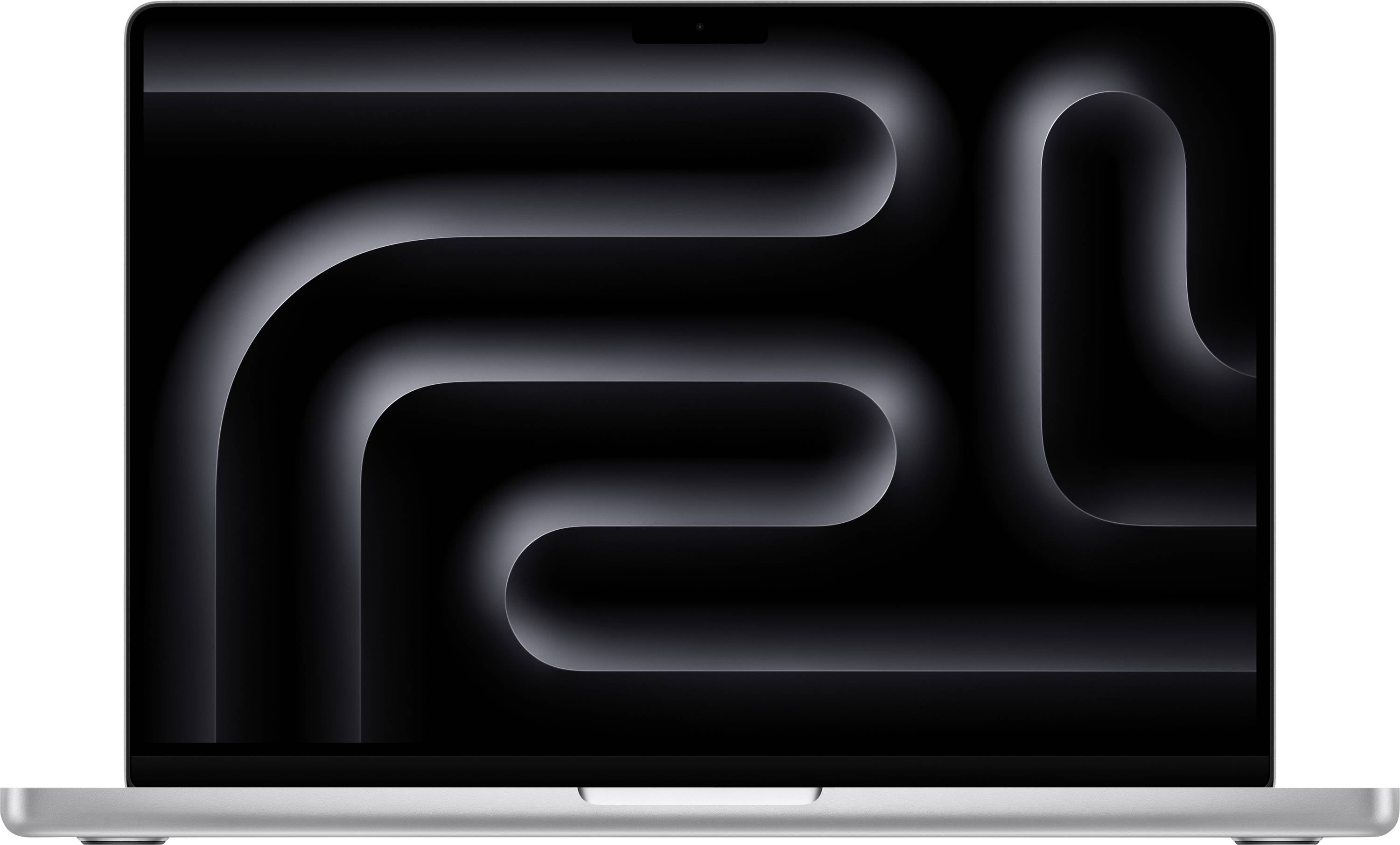 Un ordinateur portable à l'écran noir affiche un motif abstrait de lignes ondulées. Un design minimaliste domine la composition.