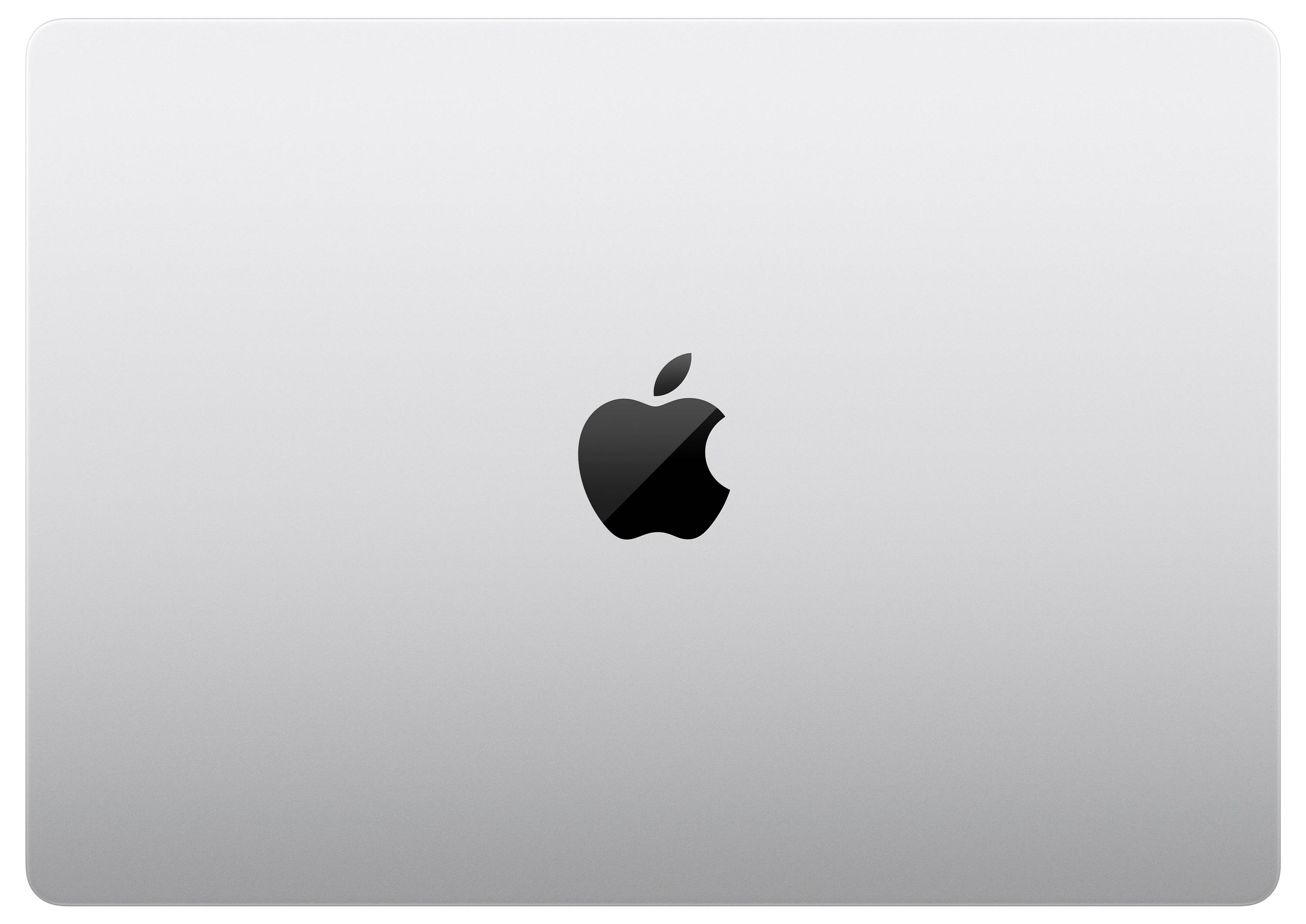 Couvercle d'ordinateur portable argenté avec le logo Apple noir au centre.
