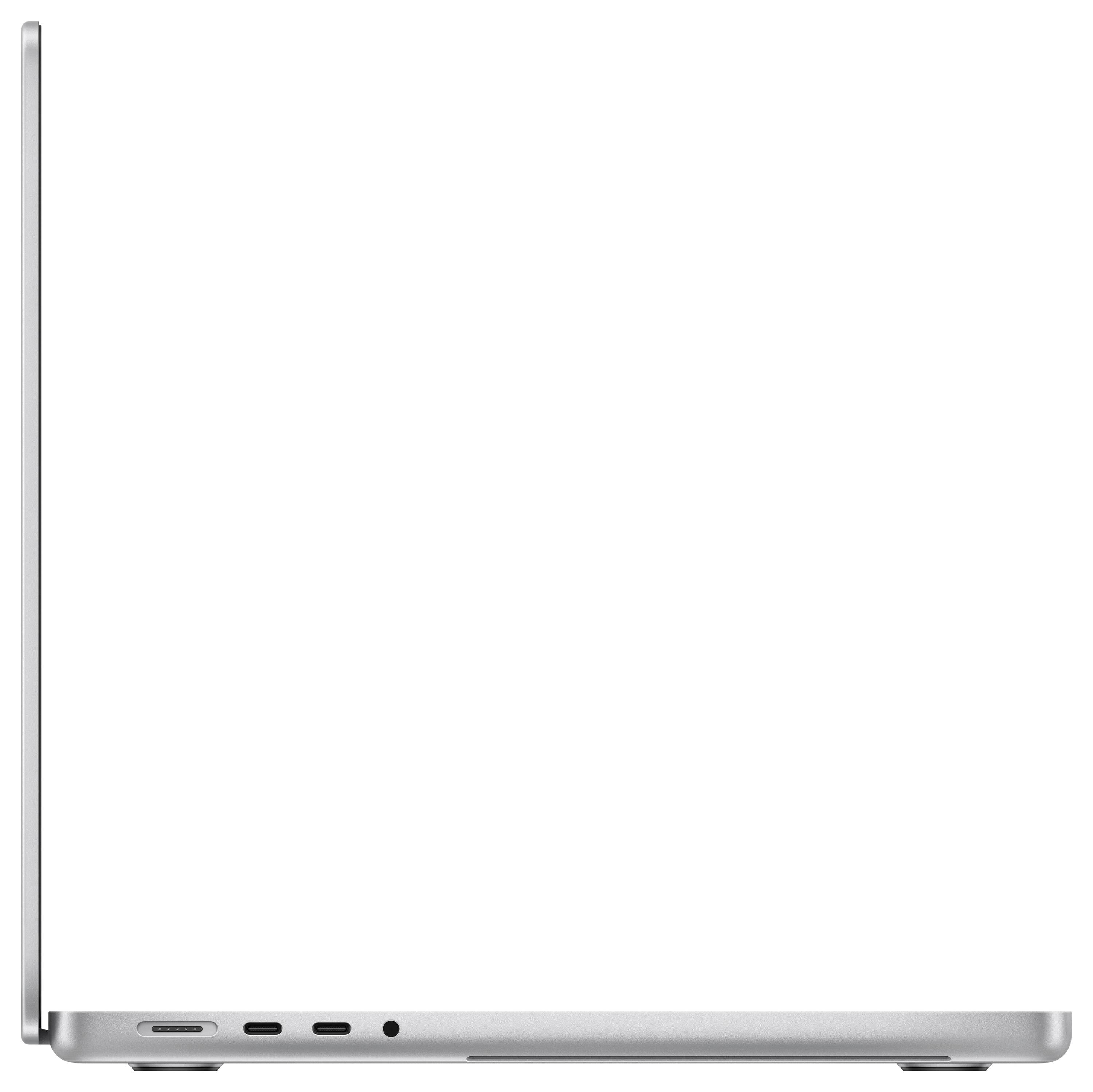 Vue latérale d'un ordinateur portable ouvert en argent, montrant des ports USB-C et un design élégant.