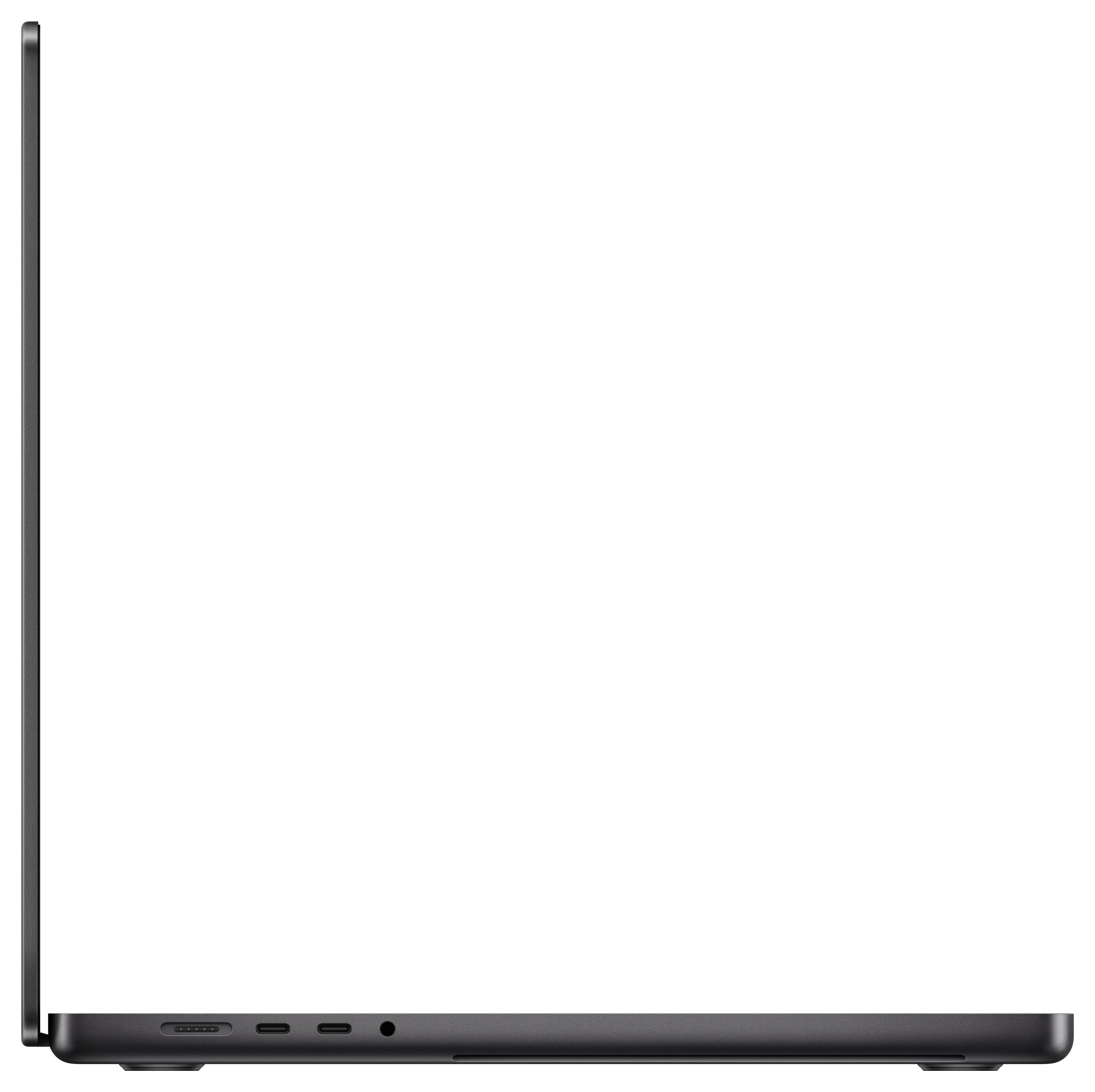 Un profil latéral d'un ordinateur portable ouvert en noir, avec l'écran orienté vers la gauche, montrant les différents ports, dont un port USB-C.