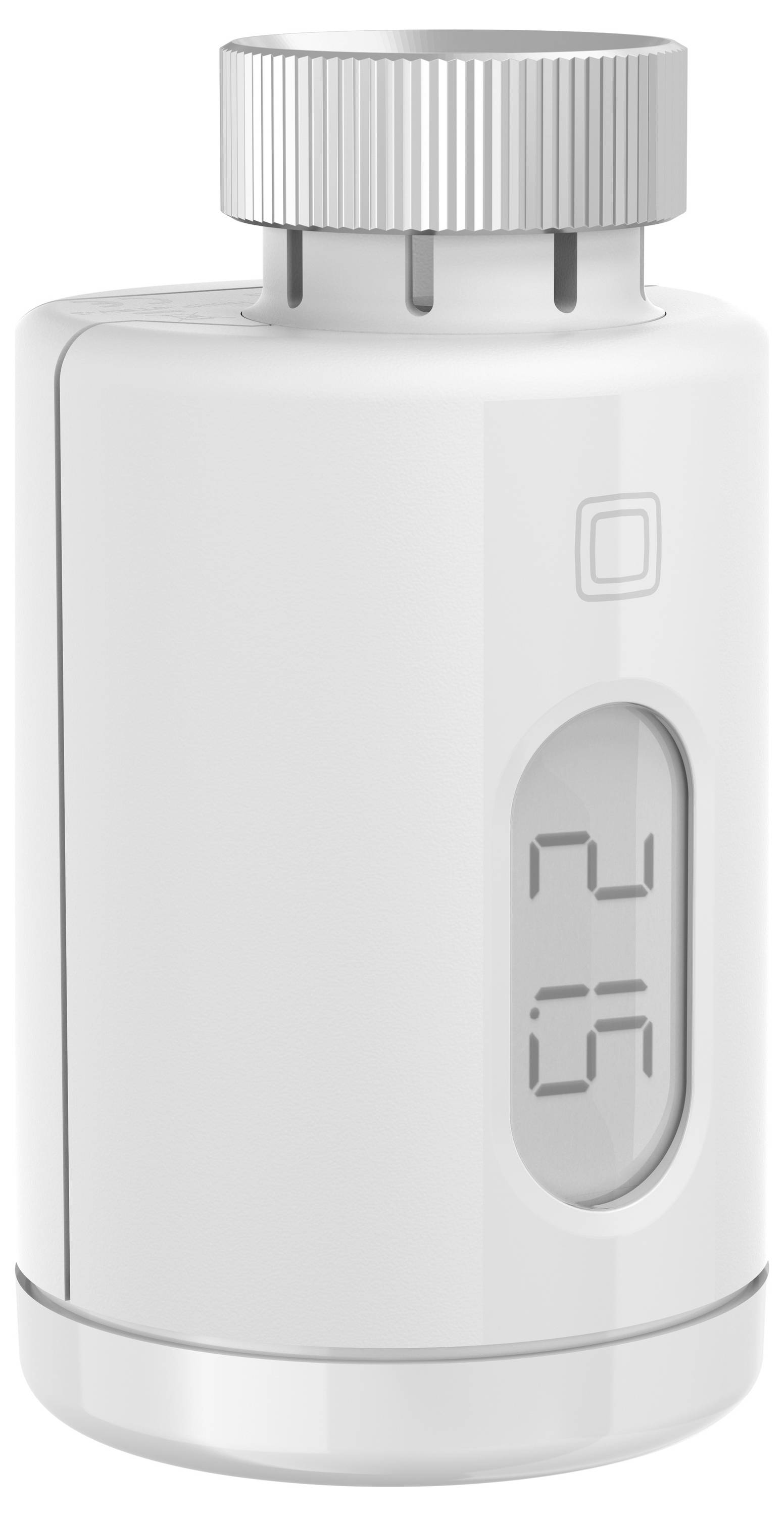 Un robinet thermostatique numérique avec affichage indique '24,5'. Le bouton rotatif argenté en haut sert à la commande manuelle.