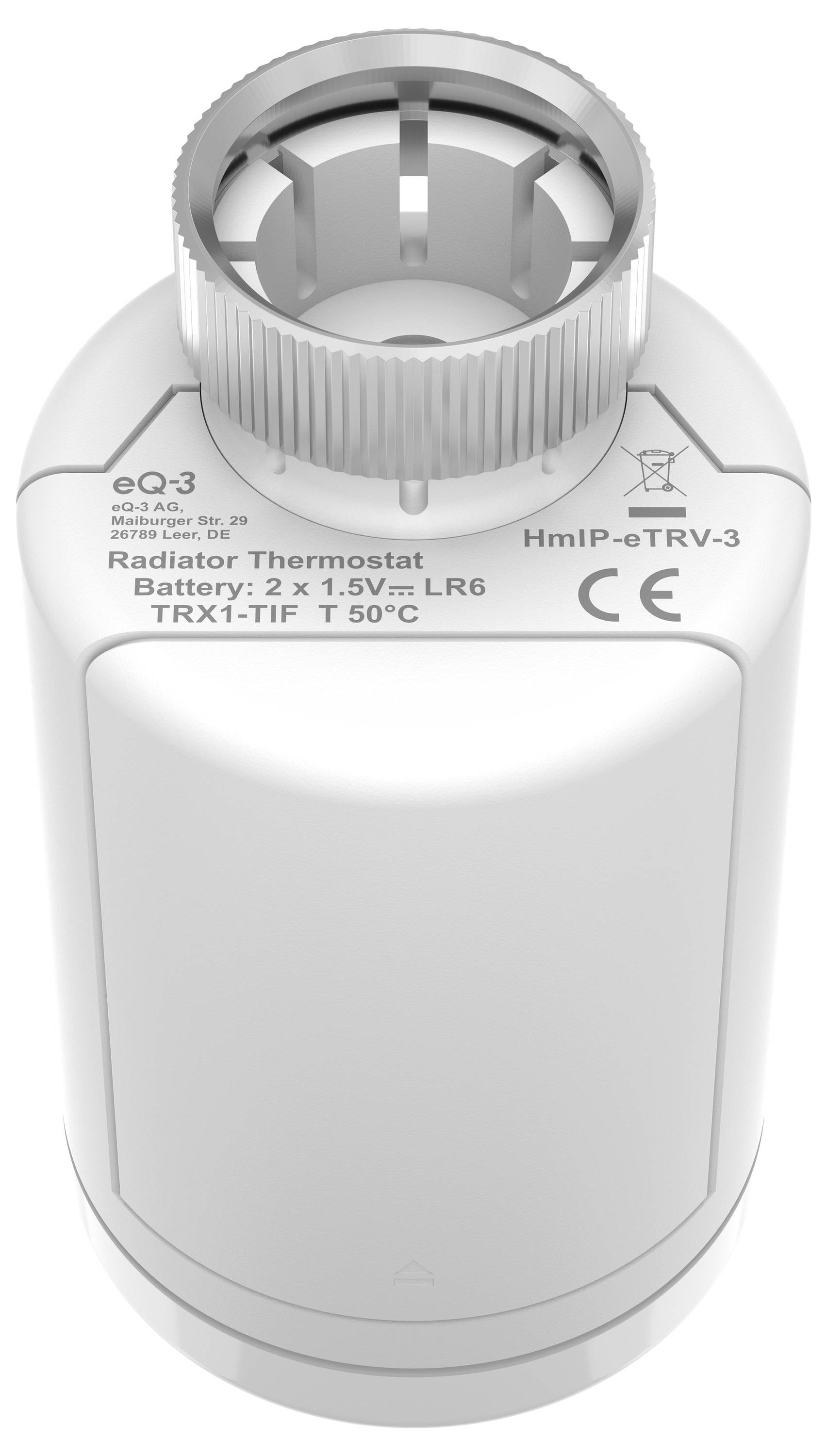 Dispositif thermostatique blanc avec compartiment à piles, marquage CE, modèle HmIP-eTRV-3, type de pile 2 x 1,5 V LR6 indiqué, plage de température jusqu'à 50 °C.