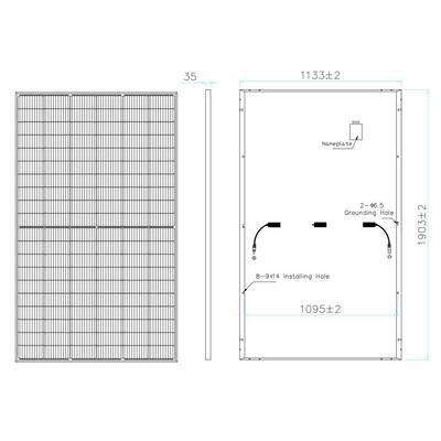 Dessin technique d'un module solaire. À gauche : Face avant avec motif quadrillé. À droite : Face arrière avec annotations des trous de perçage et des dimensions.