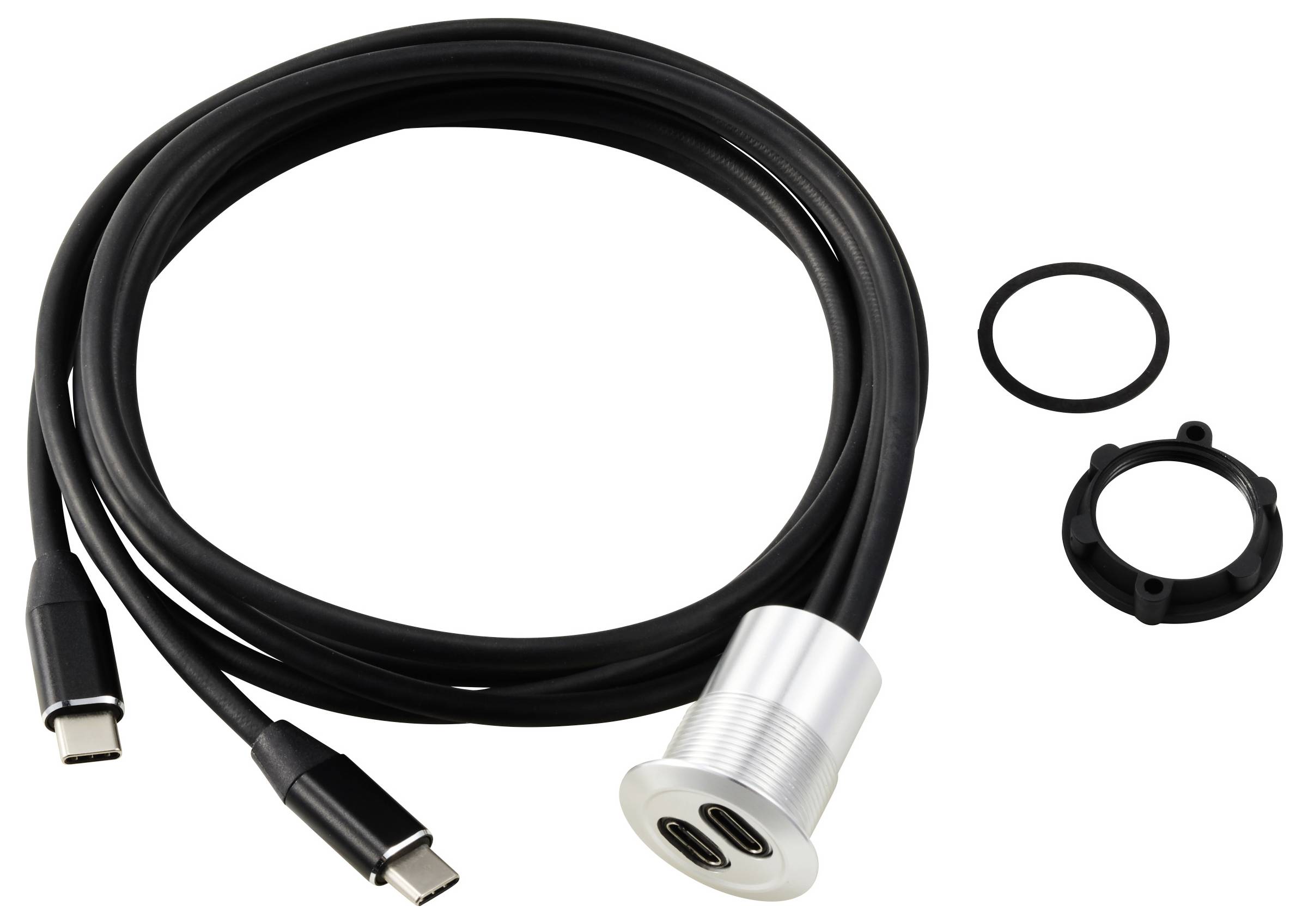 Un câble USB-C noir avec fixation, joint et anneau argentés. Adapté pour l'installation dans des appareils ou des meubles.