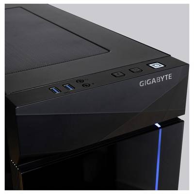 Boîtier d'ordinateur noir de Gigabyte avec ports USB et un interrupteur principal sur le dessus. Design minimaliste et moderne.