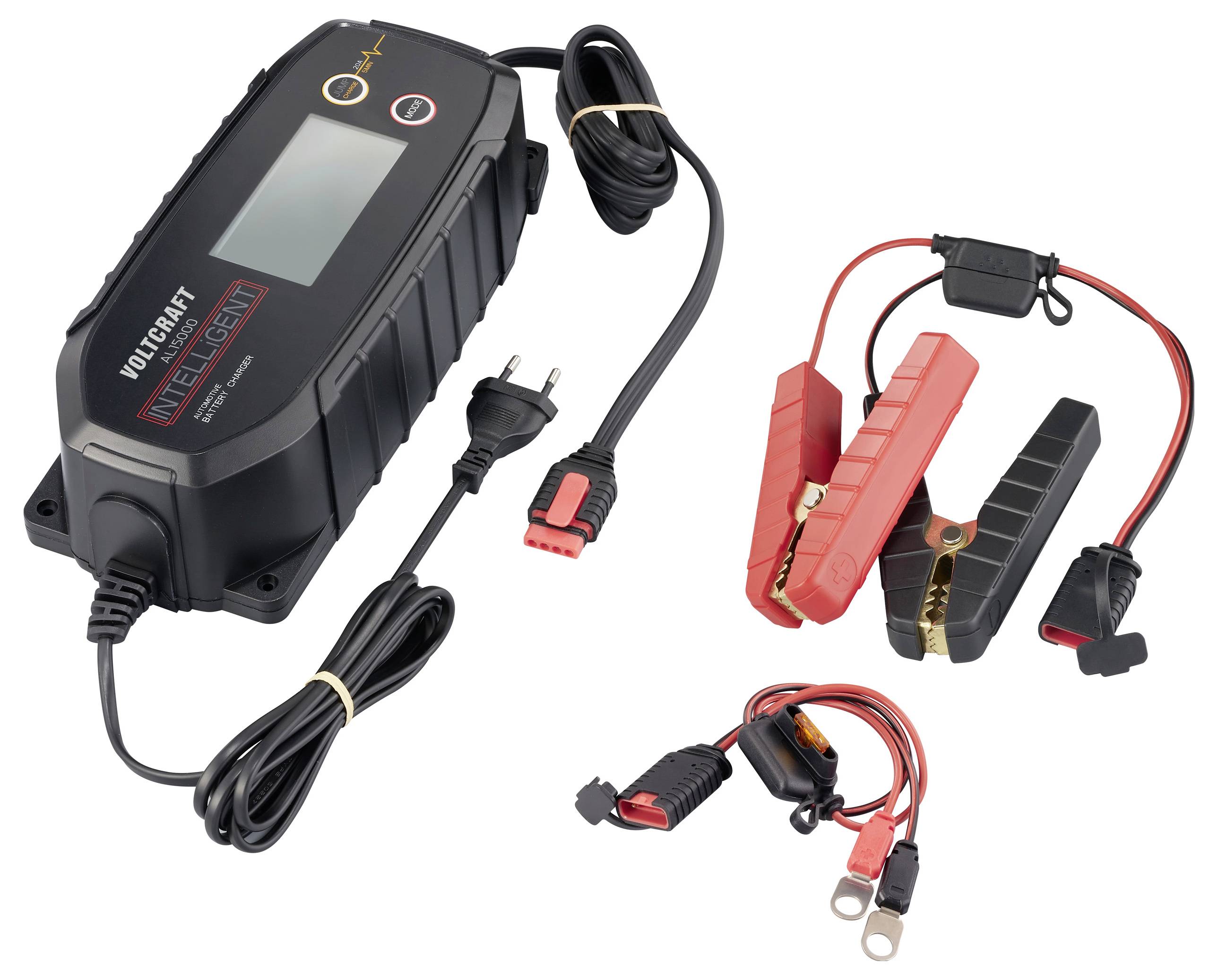 Chargeur de batterie avec affichage LCD, deux pinces crocodile et câbles supplémentaires pour la connexion. Adapté aux batteries de véhicules.