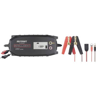 Chargeur de batterie avec écran LCD affichant '13,8 V'. Comprend des pinces crocodiles rouges et noires, un câble avec fiche secteur et cosses rondes.