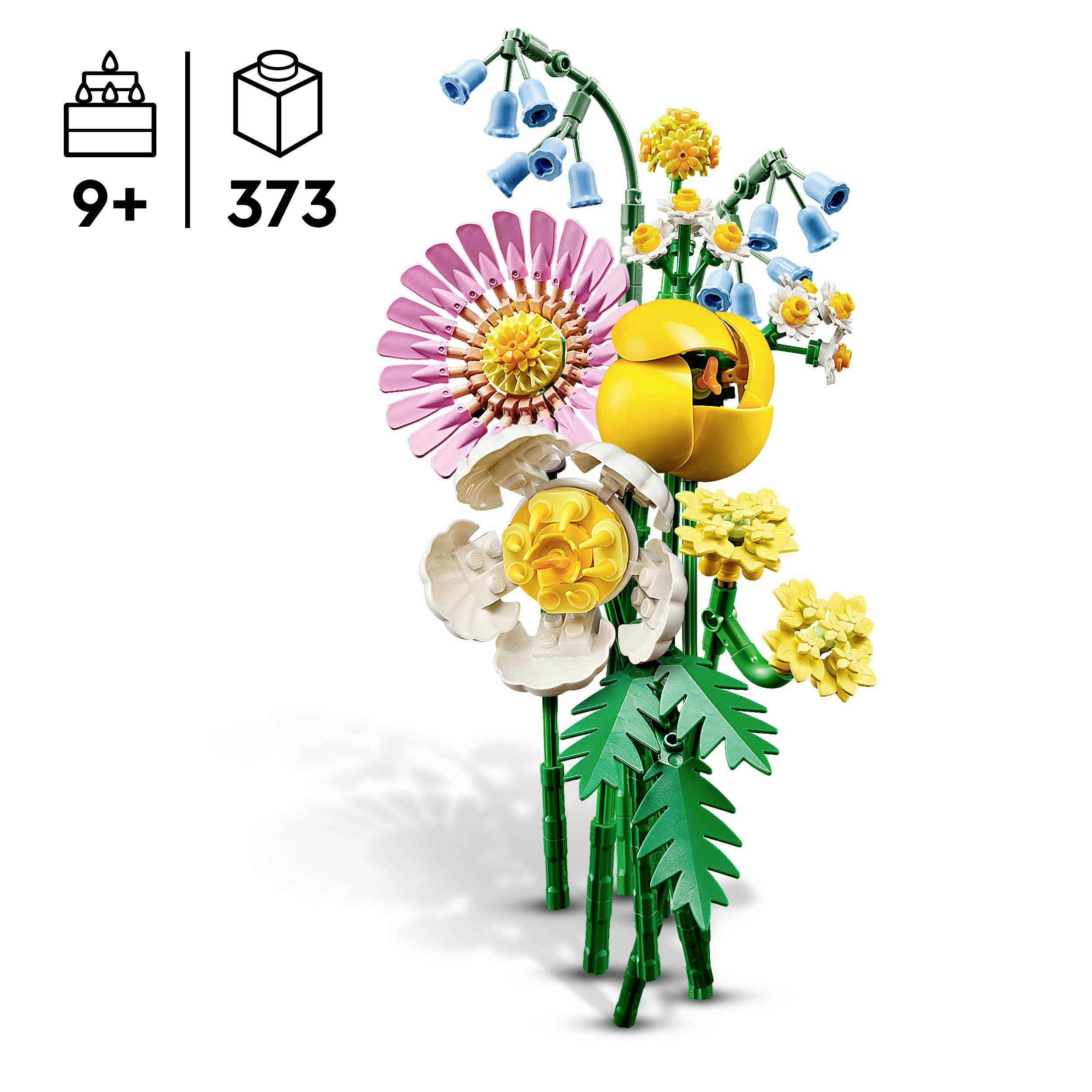 Ensemble LEGO 'Bouquet de Fleurs Printanières' avec 373 pièces, convenant aux enfants à partir de 9 ans. Fleurs colorées telles que pavot, rose et marguerite en briques LEGO.