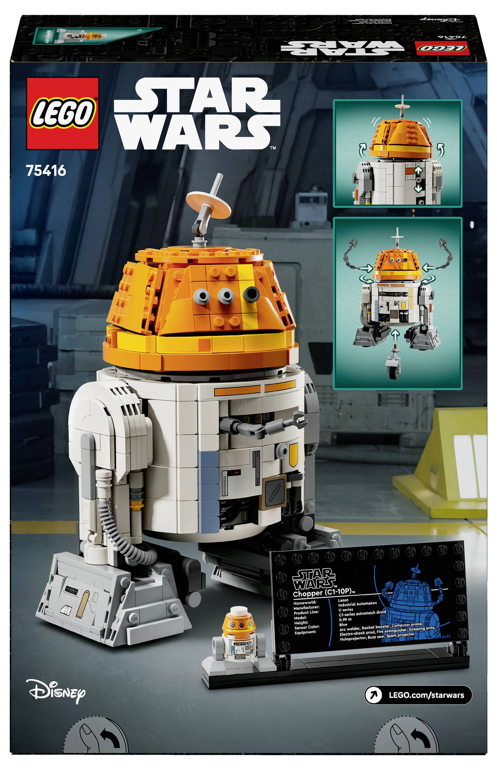 L'ensemble LEGO 75416 de Star Wars représente un robot construit à partir de briques, avec des détails tels qu'une tête orange et un corps gris. L'emballage comprend des illustrations du modèle.