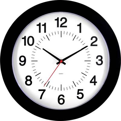 Une horloge murale analogique affiche 10h10. Cadran noir avec des chiffres marquants et une aiguille des secondes rouge.