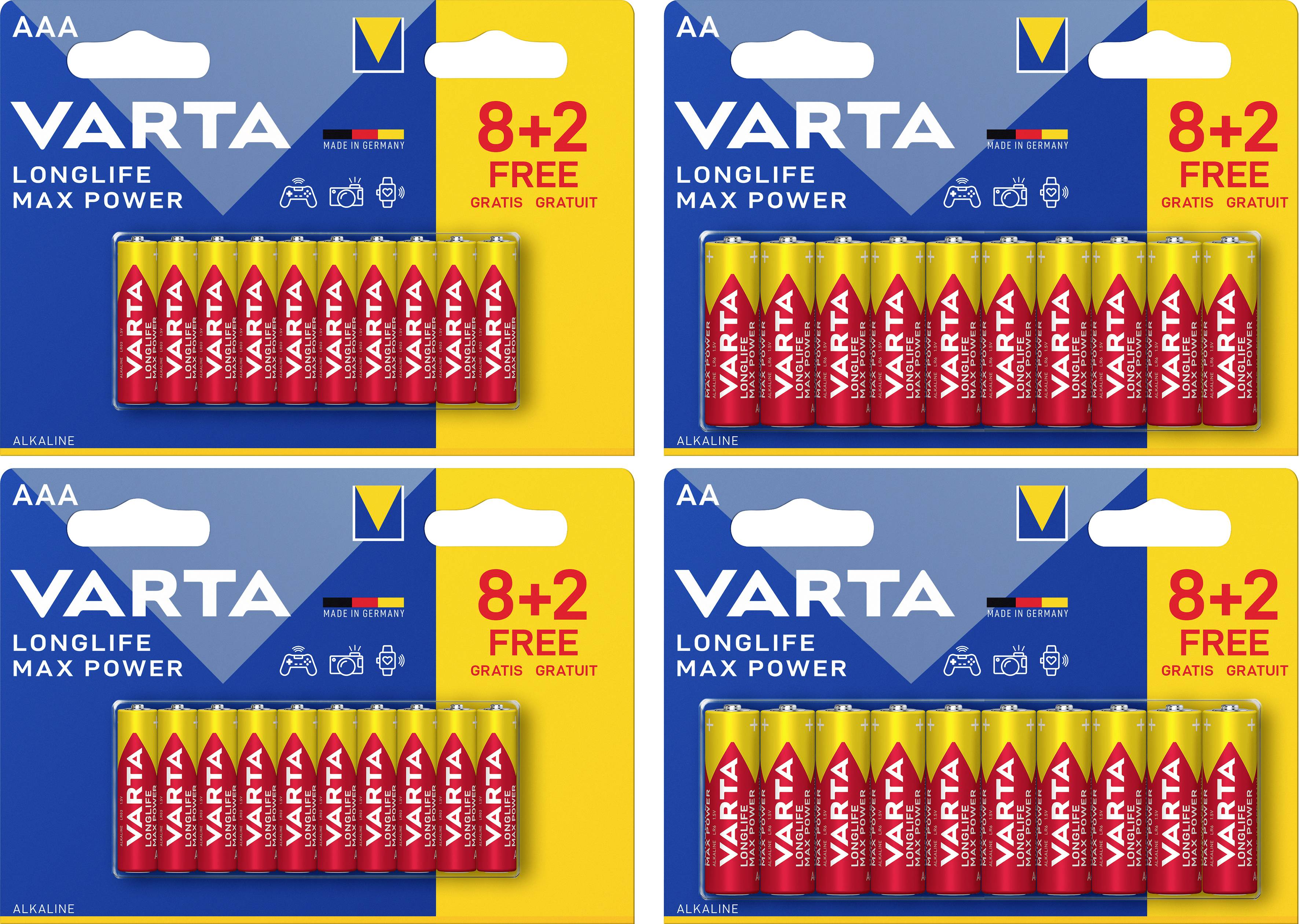 Varta Longlife Max Power AAA Batteries, pack of 8+2 free. Alkaline.' Shows four packages with ten AAA batteries each.