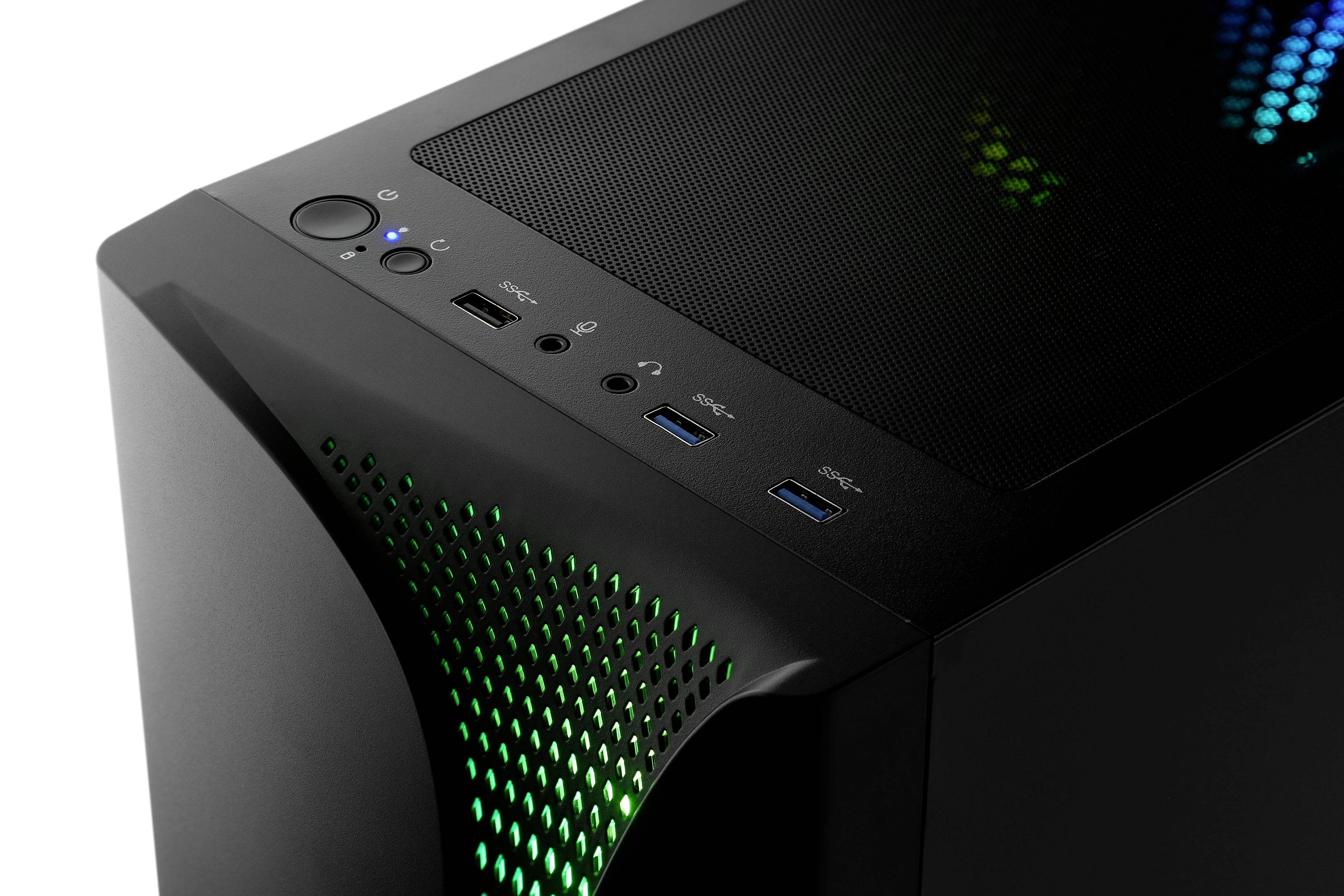 Boîtier d'ordinateur noir avec éclairage vert. En haut se trouvent des ports USB et un interrupteur d'alimentation.
