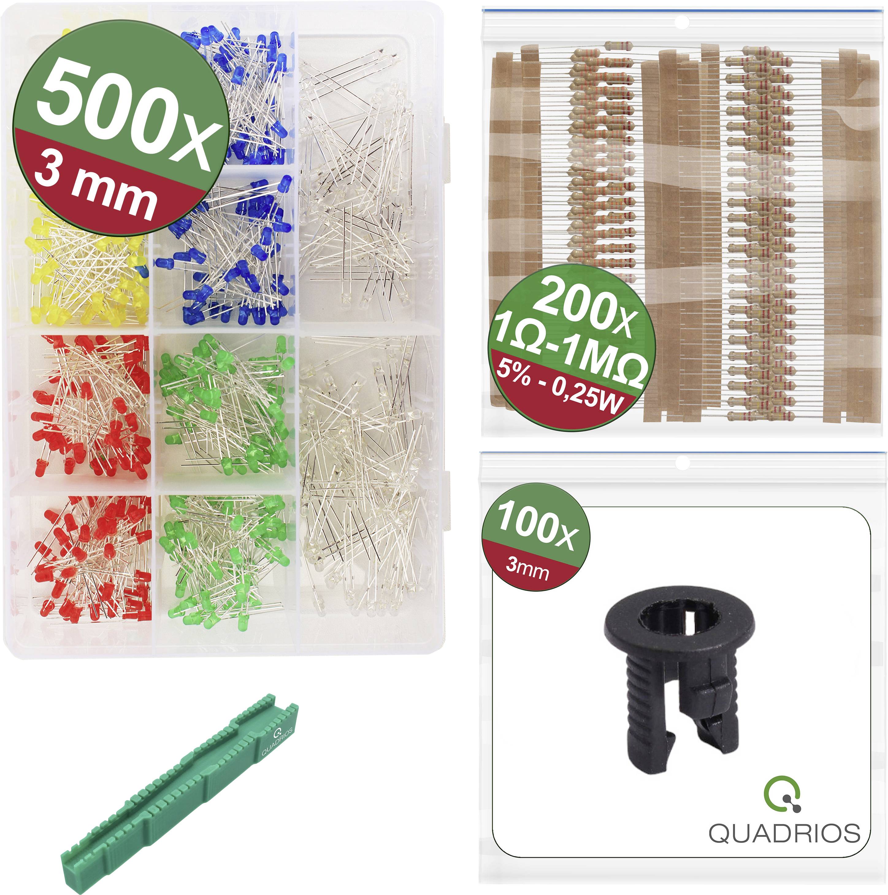Une boîte contenant 500 LED colorées, 200 résistances et 100 fixations en plastique noir, à côté d'un extracteur de broches vert.