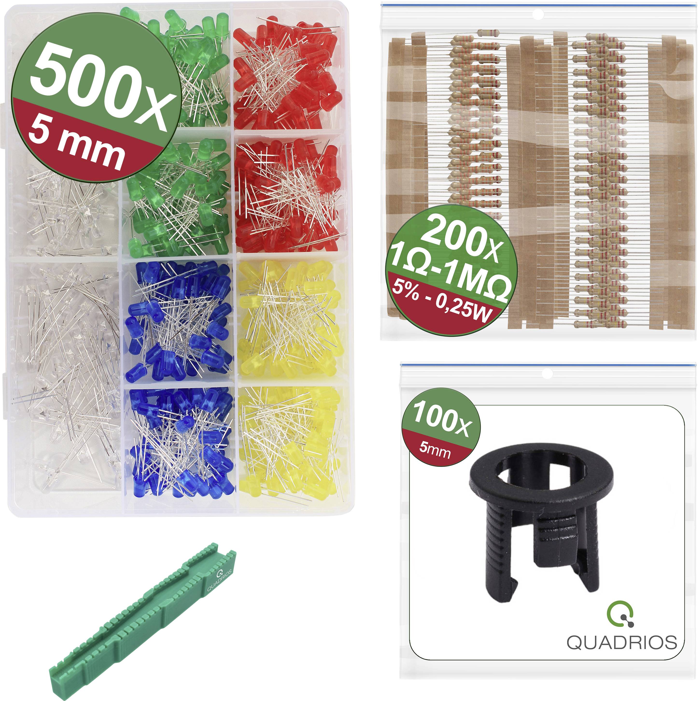 'Boîte de collection avec 500 LED en rouge, vert, bleu et jaune. 200 résistances à couche de carbone, 100 bornes de raccordement de 5 mm de diamètre. Marque Quadrio.'