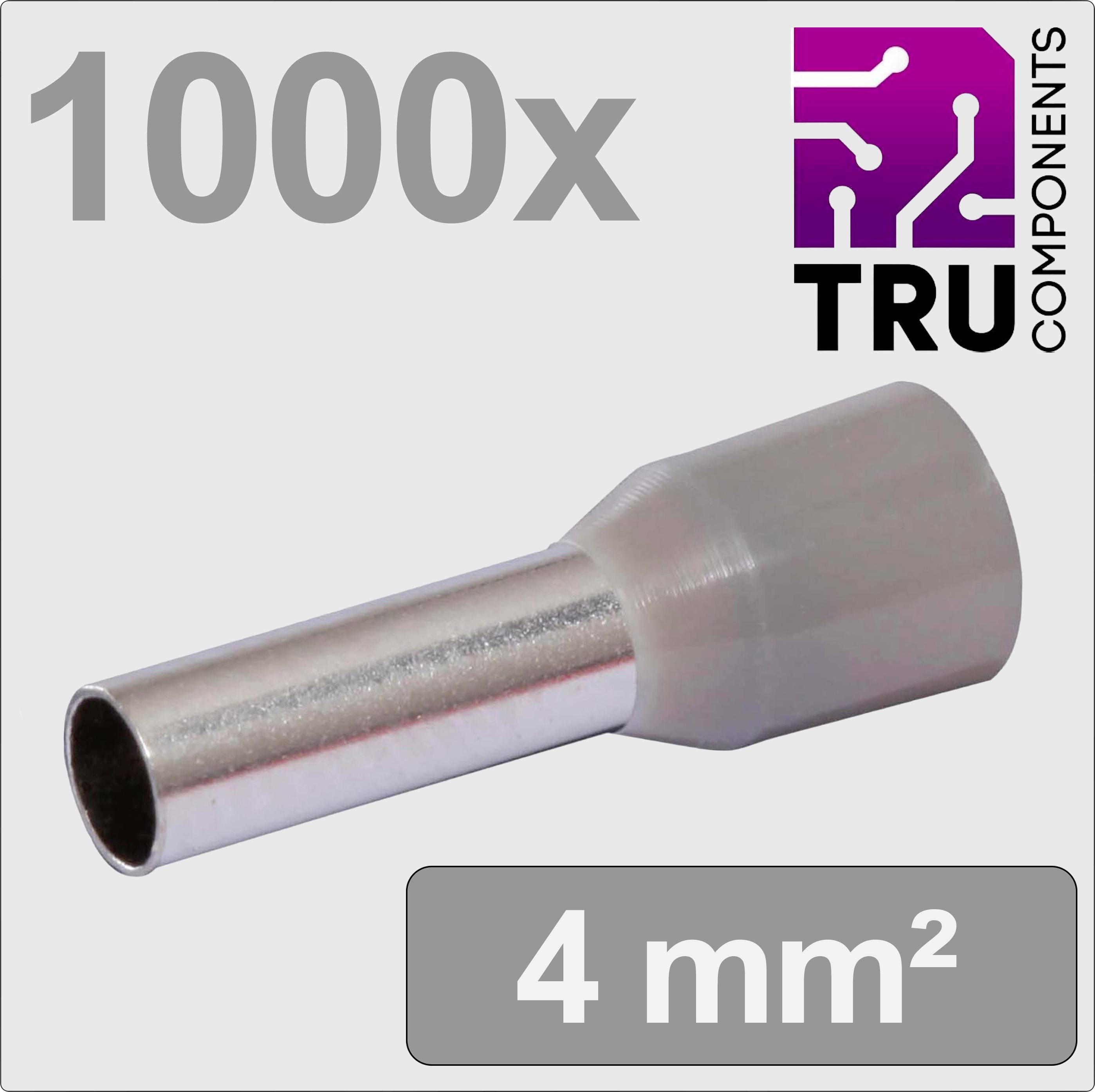 1000 pièces de embouts de câble TRU Components, diamètre 4 mm², représentés comme des manchons métalliques argentés avec isolation transparente.