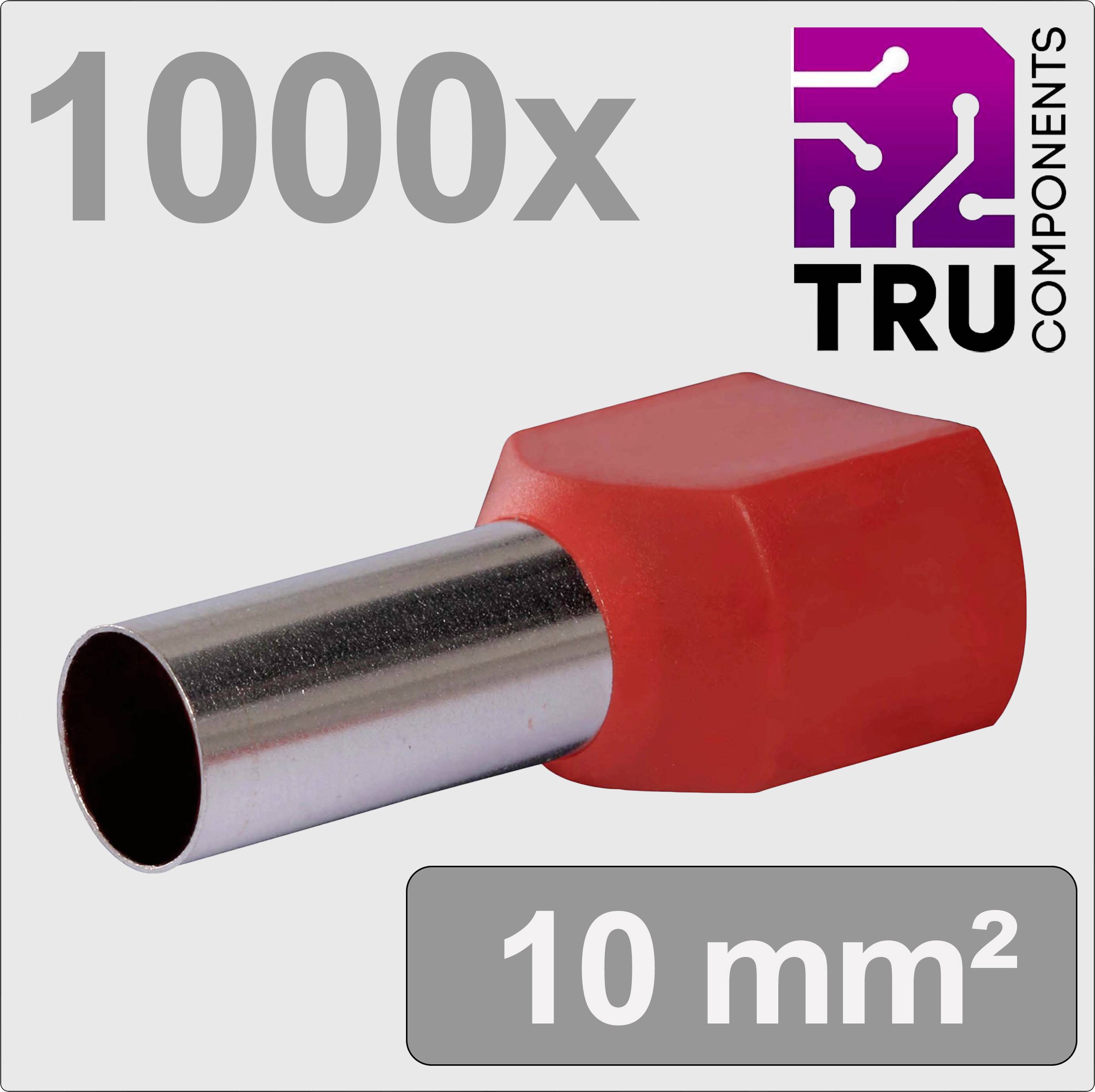 Embout de câble rouge 10 mm², lot de 1000 pièces ; produit de la marque 'TRU COMPONENTS' avec logo, représentant une pièce métallique avec gaine en plastique rouge.