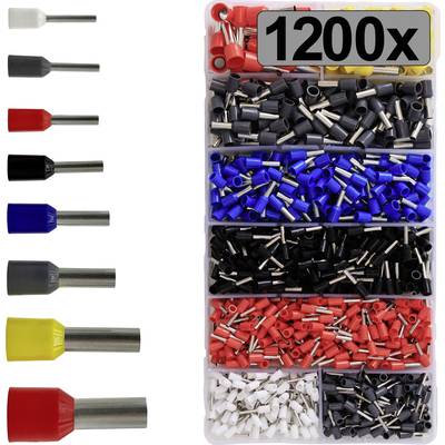 Boîte de rangement contenant 1200 embouts de câble de différentes couleurs et tailles, organisés par compartiments. Des exemples d'embouts sont illustrés à gauche.
