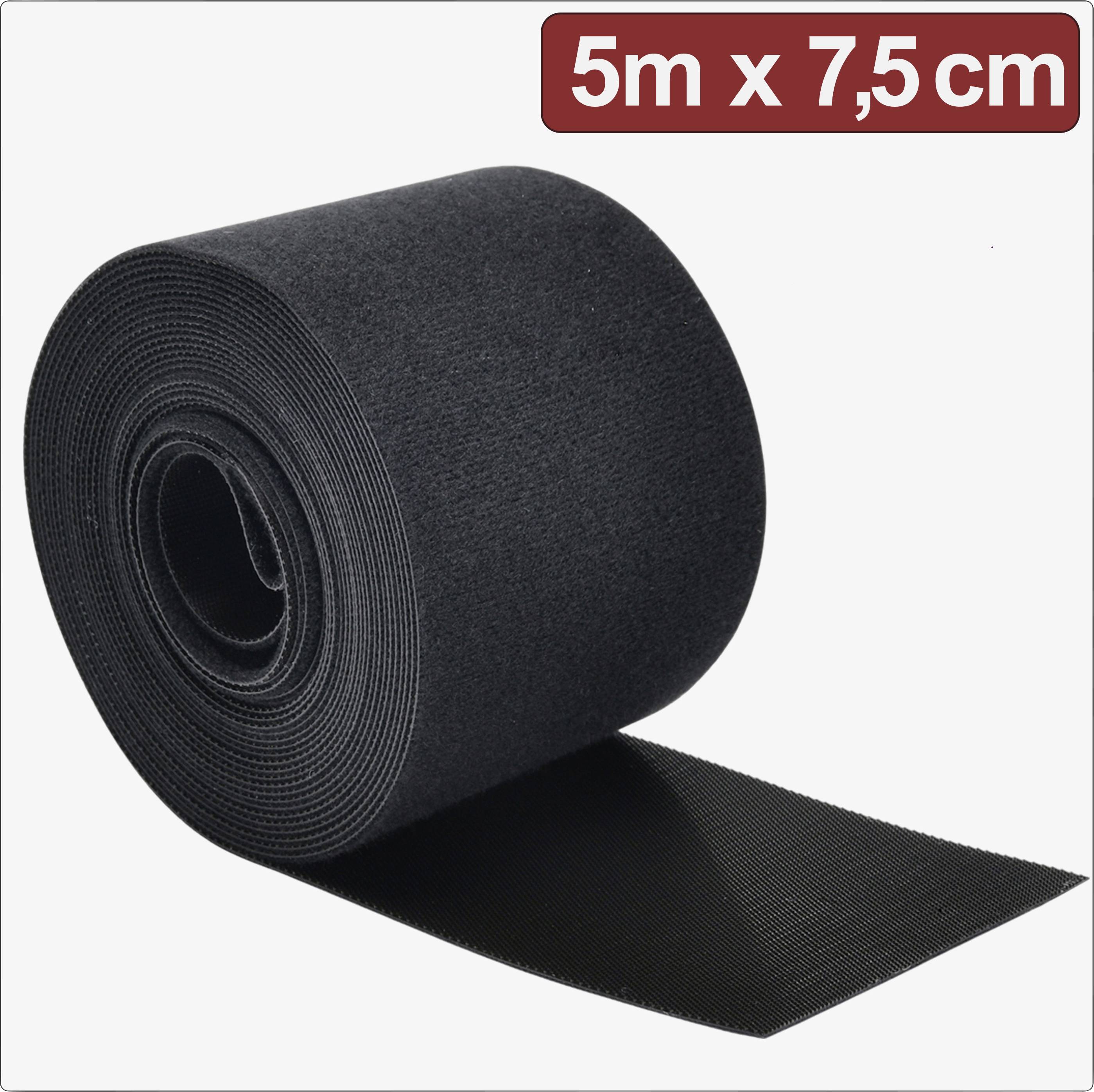 Bande auto-agrippante noire de 5 m x 7,5 cm, enroulée, sur un fond blanc.