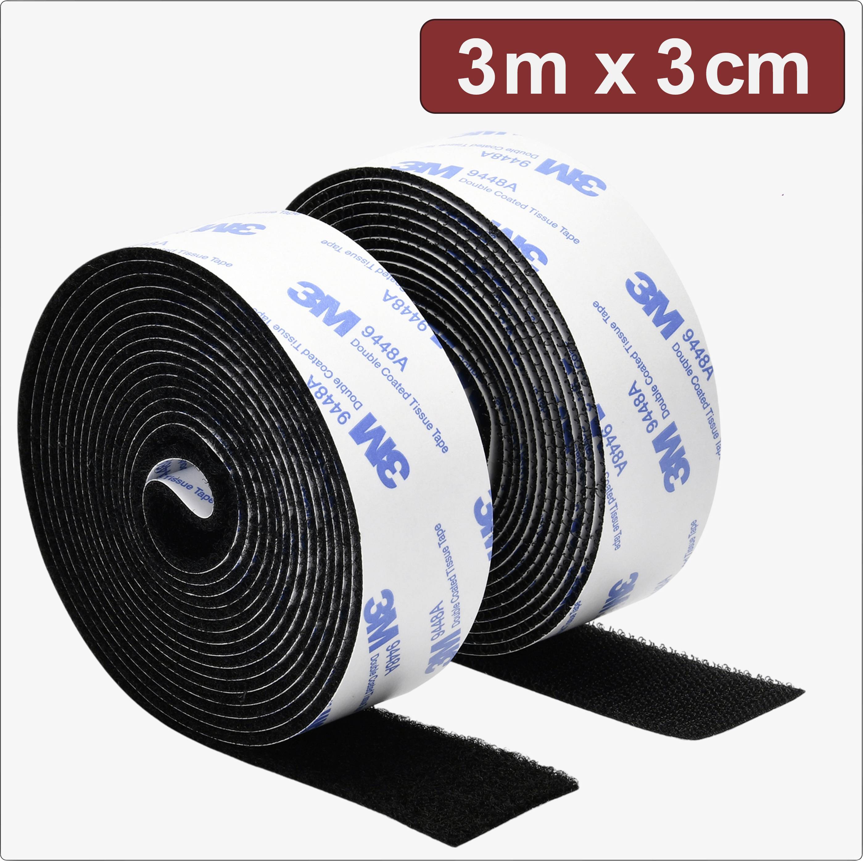 Ruban agrippant 3M, 3 m x 3 cm, deux rouleaux en noir avec dos adhésif, pour des solutions de fixation polyvalentes.