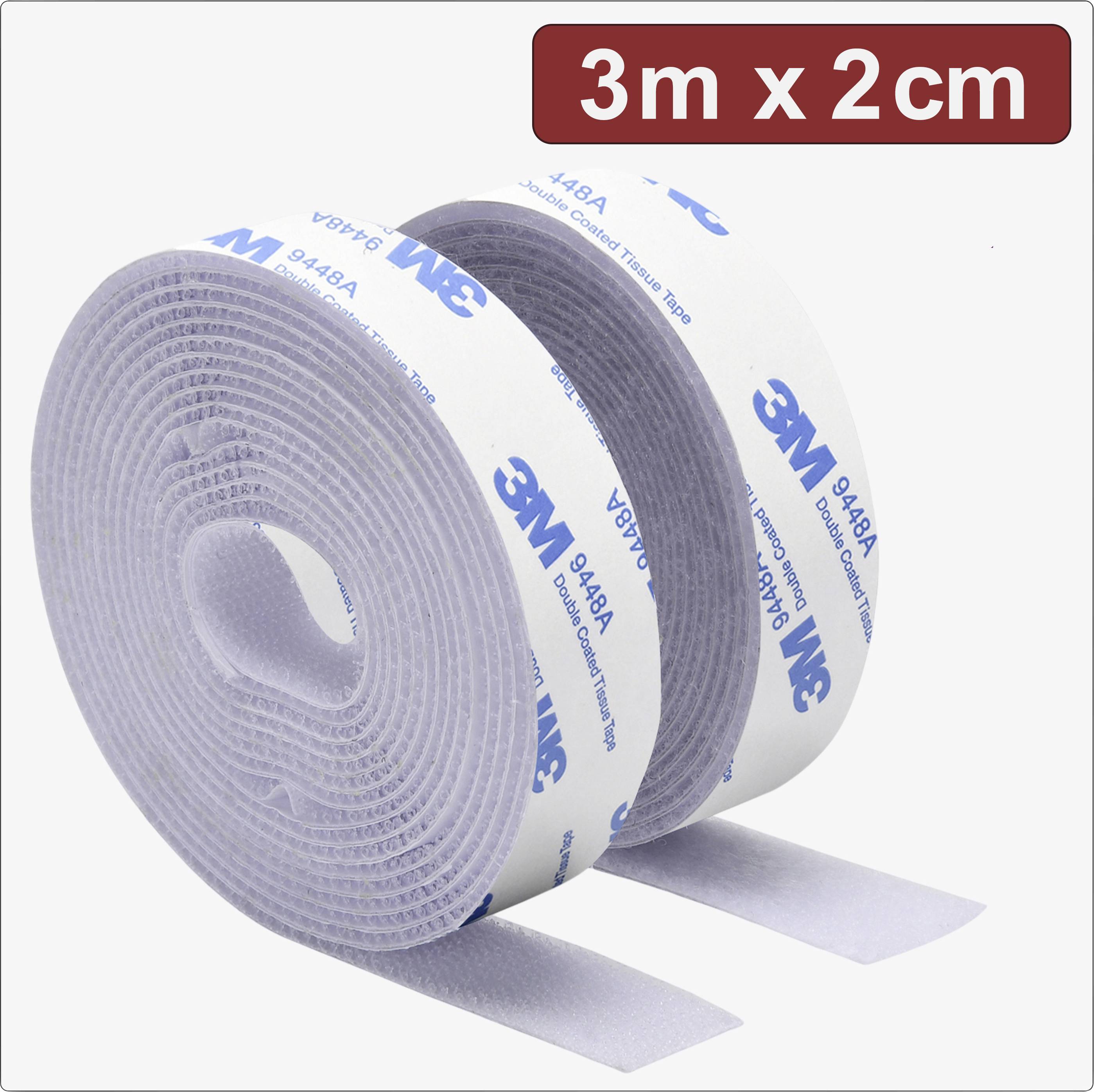 Rouleau de ruban auto-agrippant (Velcro) de 3 m de long et 2 cm de large, sur fond blanc.