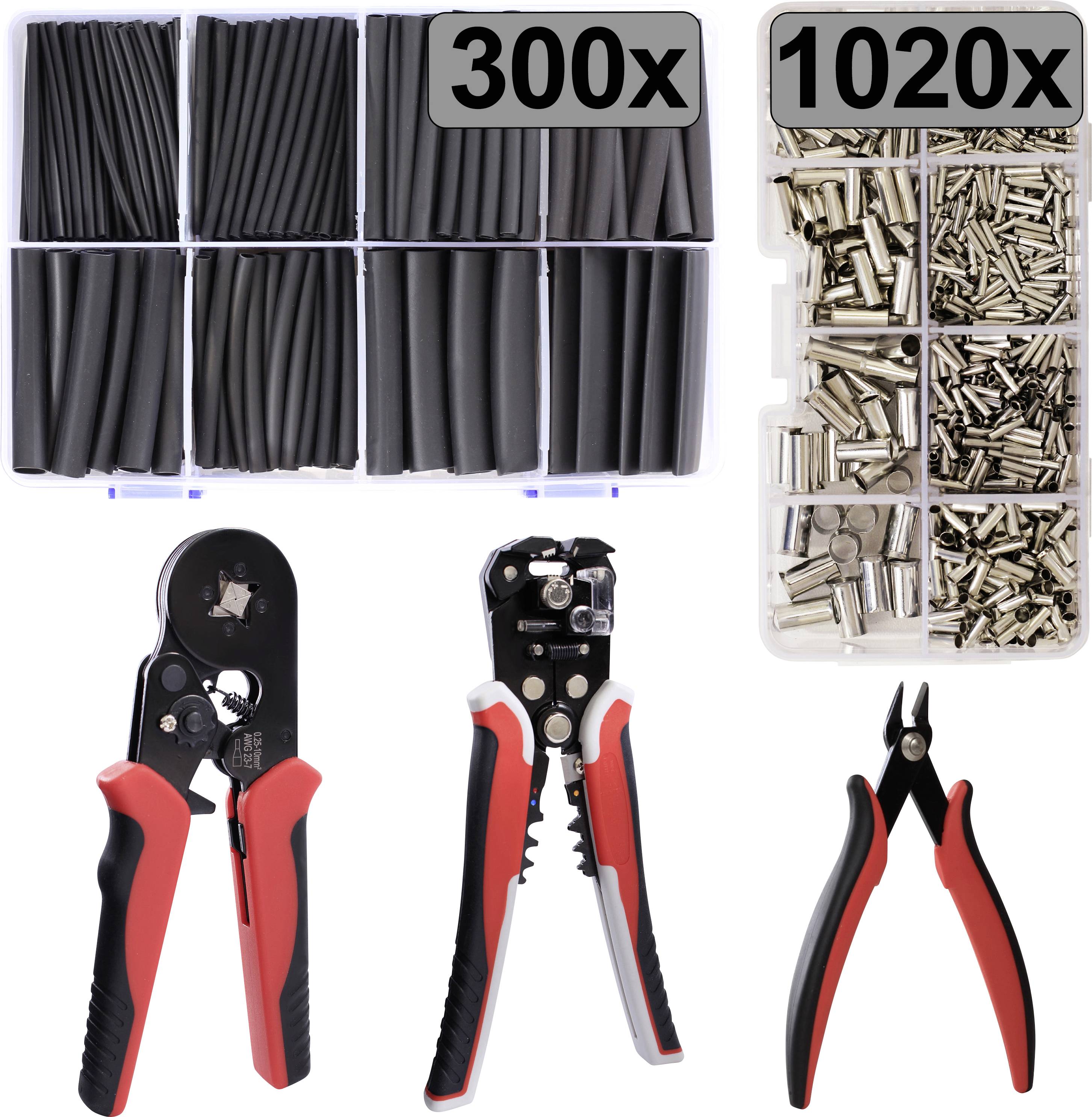 'Assortiment de gaines thermorétractables et de connecteurs de câbles avec pinces à dénuder en rouge et noir, idéal pour les réparations électriques.'