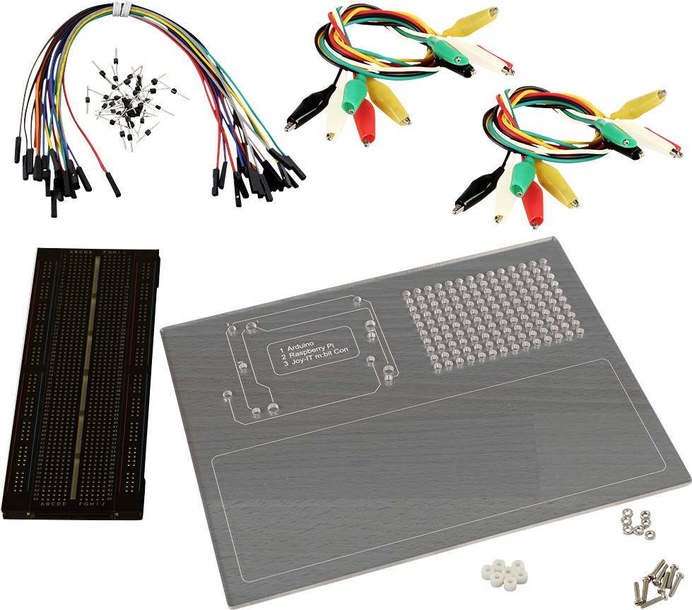 Le 'Lernpaket Elektrotechnik' contient une plaque d'essai (breadboard), des ponts de connexion, des pinces crocodiles et des vis. Idéal pour les expériences et les circuits électroniques.