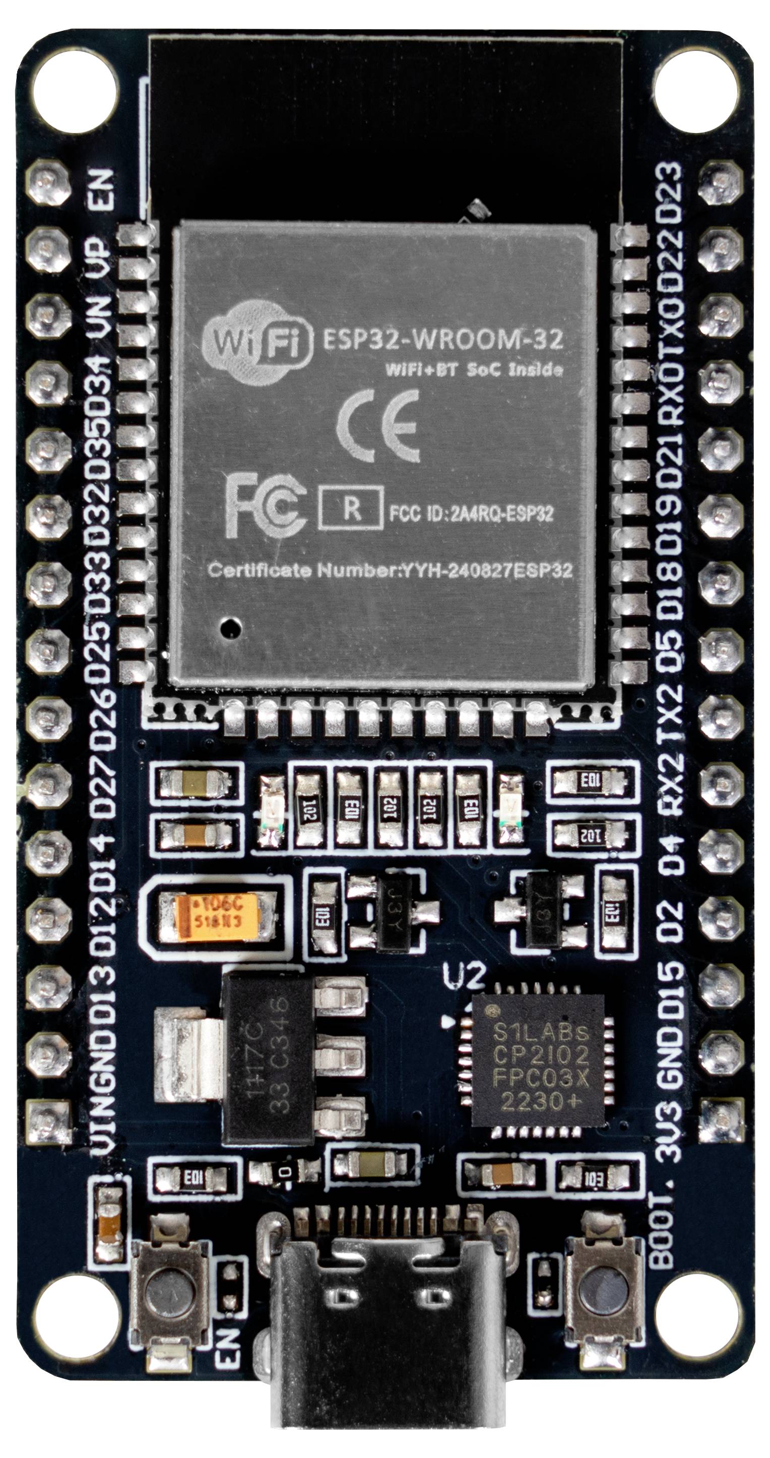 Carte de développement avec puce ESP32, port USB et plusieurs broches. La puce prend en charge le WiFi et le Bluetooth.