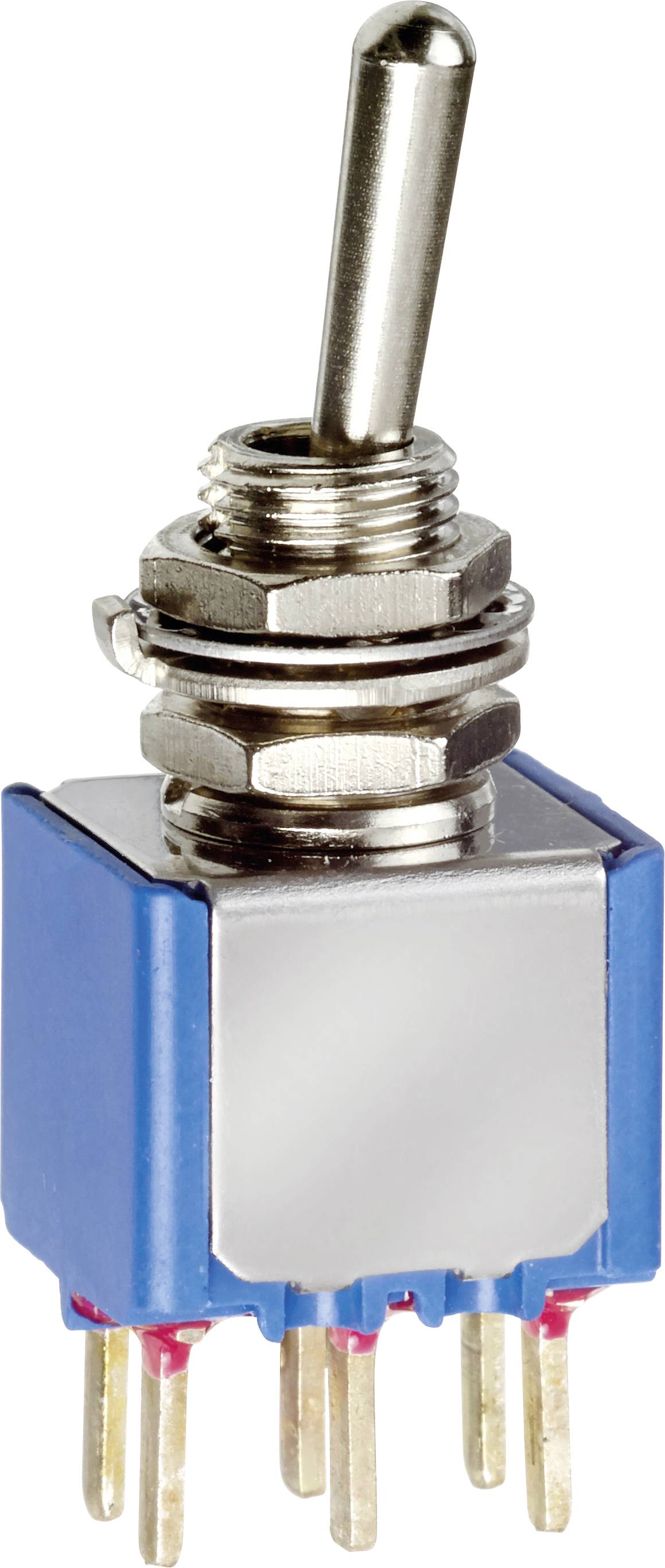Un interrupteur à bascule bleu avec un levier métallique, adapté aux applications électroniques, doté de plusieurs broches de connexion à sa base.