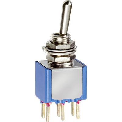 Un interrupteur à bascule bleu avec un levier métallique, adapté aux applications électroniques, doté de plusieurs broches de connexion à sa base.