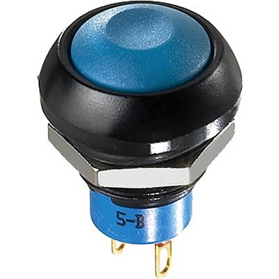 Un bouton-poussoir rond bleu avec un bord noir et deux contacts métalliques. Adapté pour les appareils électroniques et les systèmes de commande.
