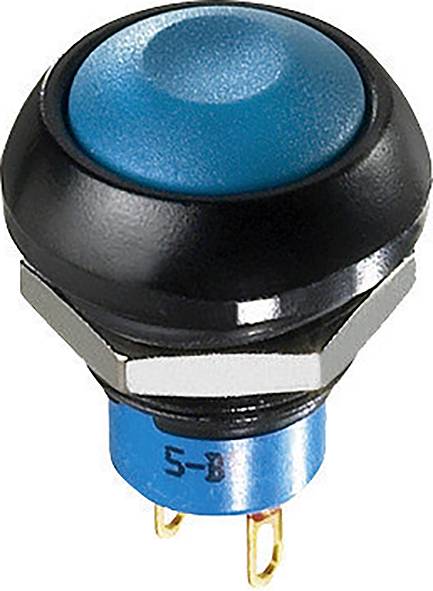 Un bouton-poussoir bleu avec un bord noir et des contacts argentés. Le bouton appartient à un module de commutation électrique.