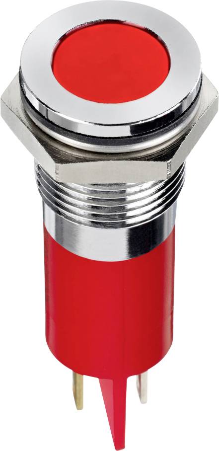 Bouton-poussoir rouge avec carter métallique, cylindrique, adapté pour les circuits électriques ; vue latérale.