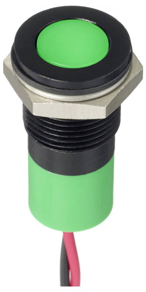 Bouton d'indication à LED verte dans un boîtier cylindrique fileté avec un câble, signalant une fonction active ou prête à être utilisée.