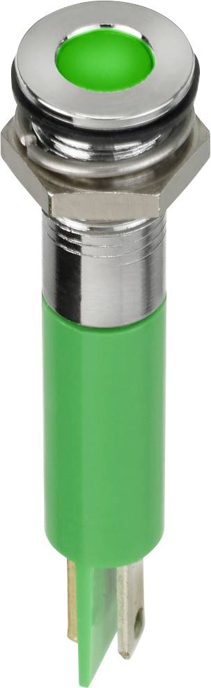 Interrupteur poussoir LED vert avec boîtier métallique, éclairé.