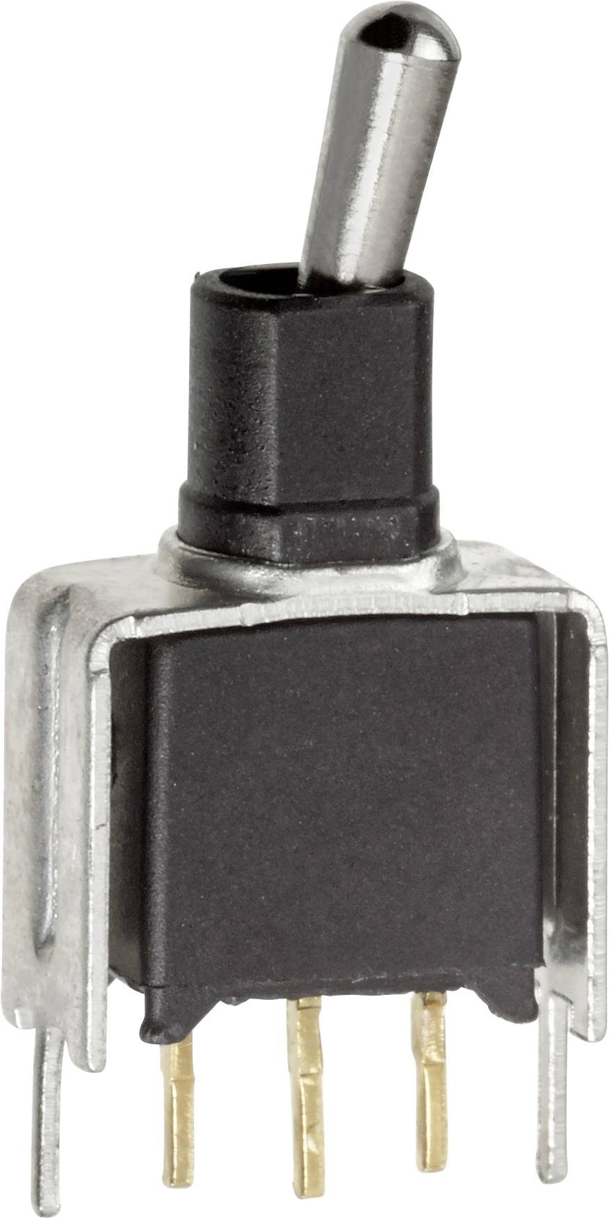 Un interrupteur à bascule avec un boîtier noir et trois bornes dorées, en position 'Marche'.