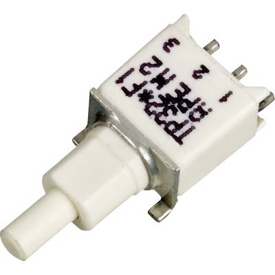 Un petit interrupteur à bascule blanc avec fixation métallique et quatre broches de connexion. Une inscription est imprimée sur sa face supérieure.