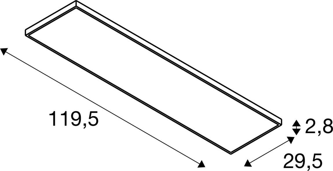 'Dessin technique d'un objet rectangulaire avec dimensions : Longueur 119,5, Largeur 29,5, Hauteur 2,8. Toutes les dimensions sont dans des unités inconnues.'
