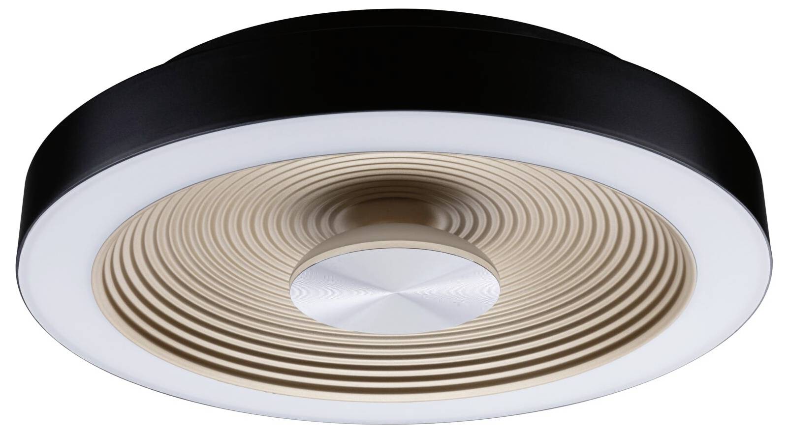 Plafonnier au design moderne et circulaire, composé de matériaux noir et or, entouré d'une bande lumineuse LED.
