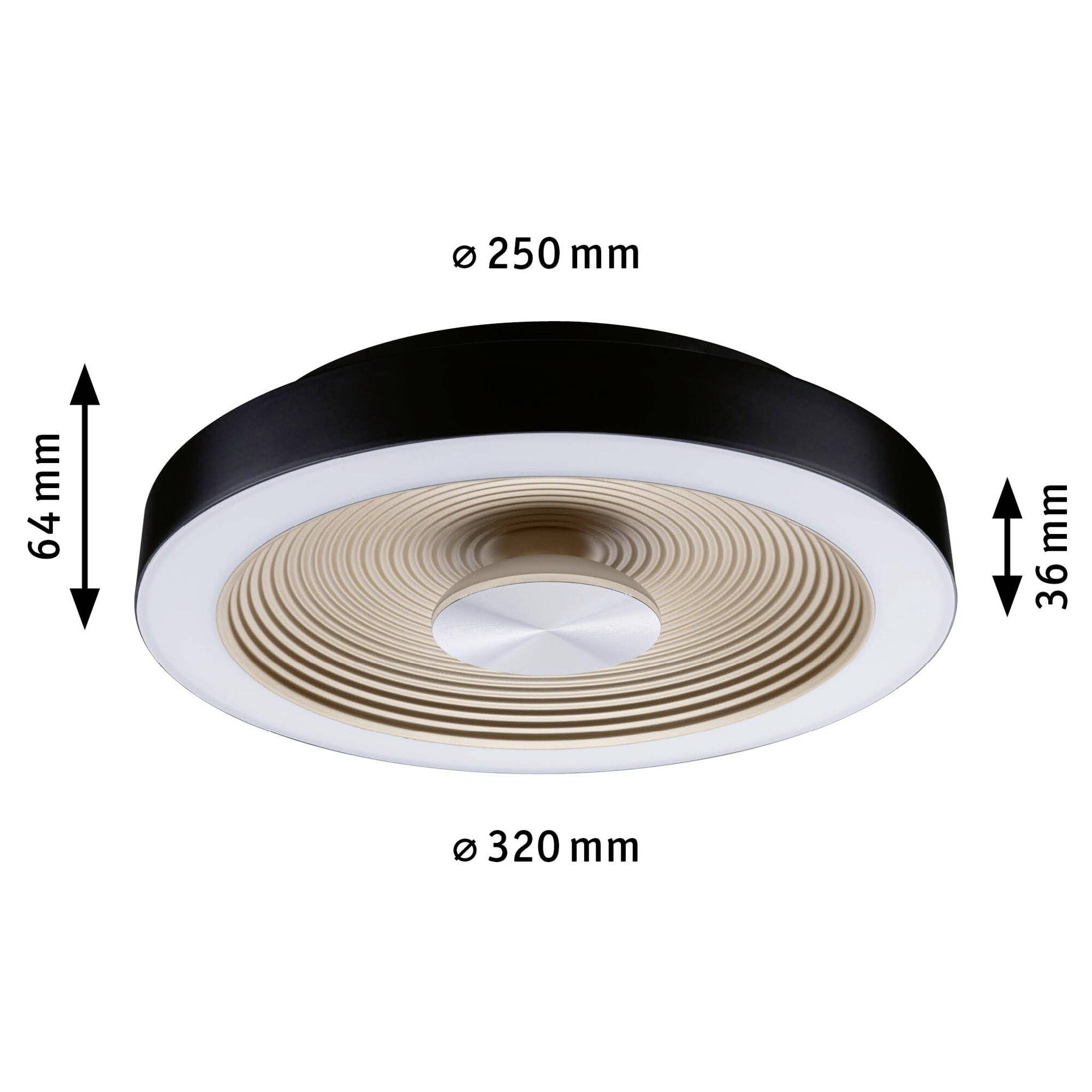 Plafonnier à deux diamètres : 250 mm et 320 mm. Hauteur à gauche 64 mm, à droite 36 mm. Design moderne en noir et tons dorés.
