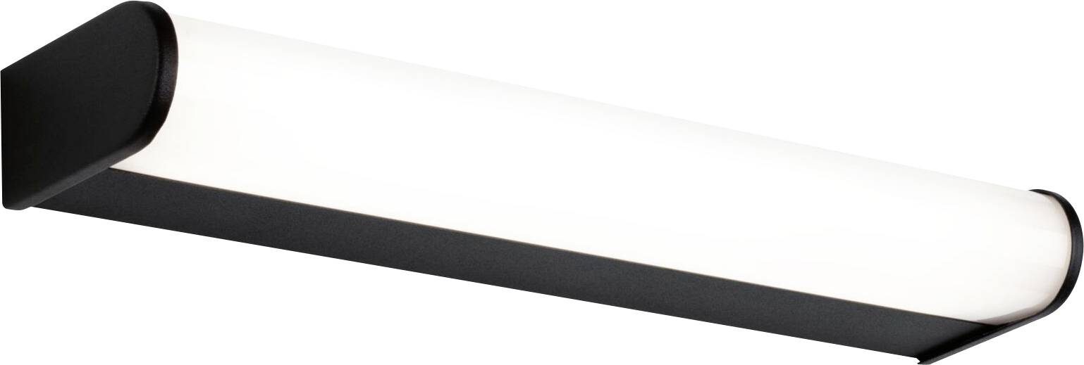 Applique murale LED noire avec un corps lumineux rectangulaire blanc, adaptée aux espaces intérieurs modernes, diffusant une lumière uniforme.