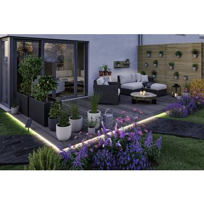 Une terrasse au design moderne avec un salon de jardin, des plantes en pots et des parterres de fleurs. L'arrière-plan présente des fenêtres et un mur en bois avec des plantes.