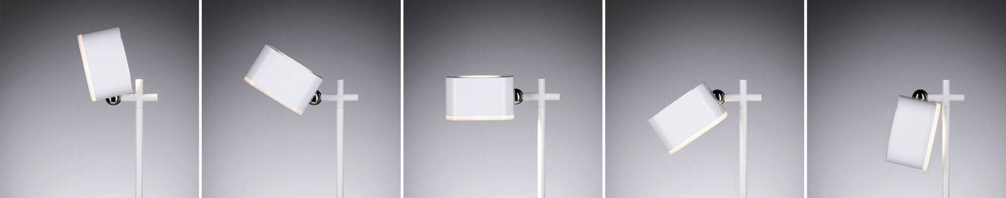 Cinq images d'une lampe blanche et ajustable dans différentes positions de rotation devant un fond gris.
