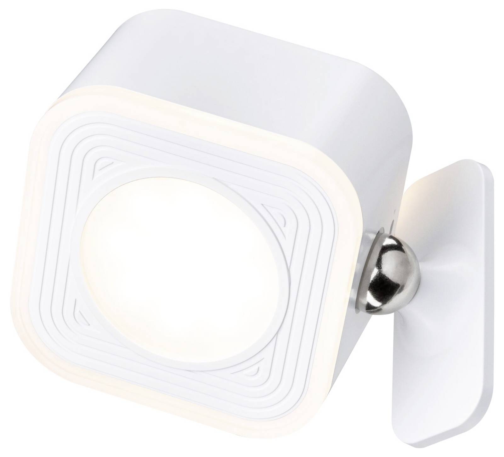 Lampe murale blanche carrée aux coins arrondis, avec une source lumineuse centrale inclinée vers un support métallique.